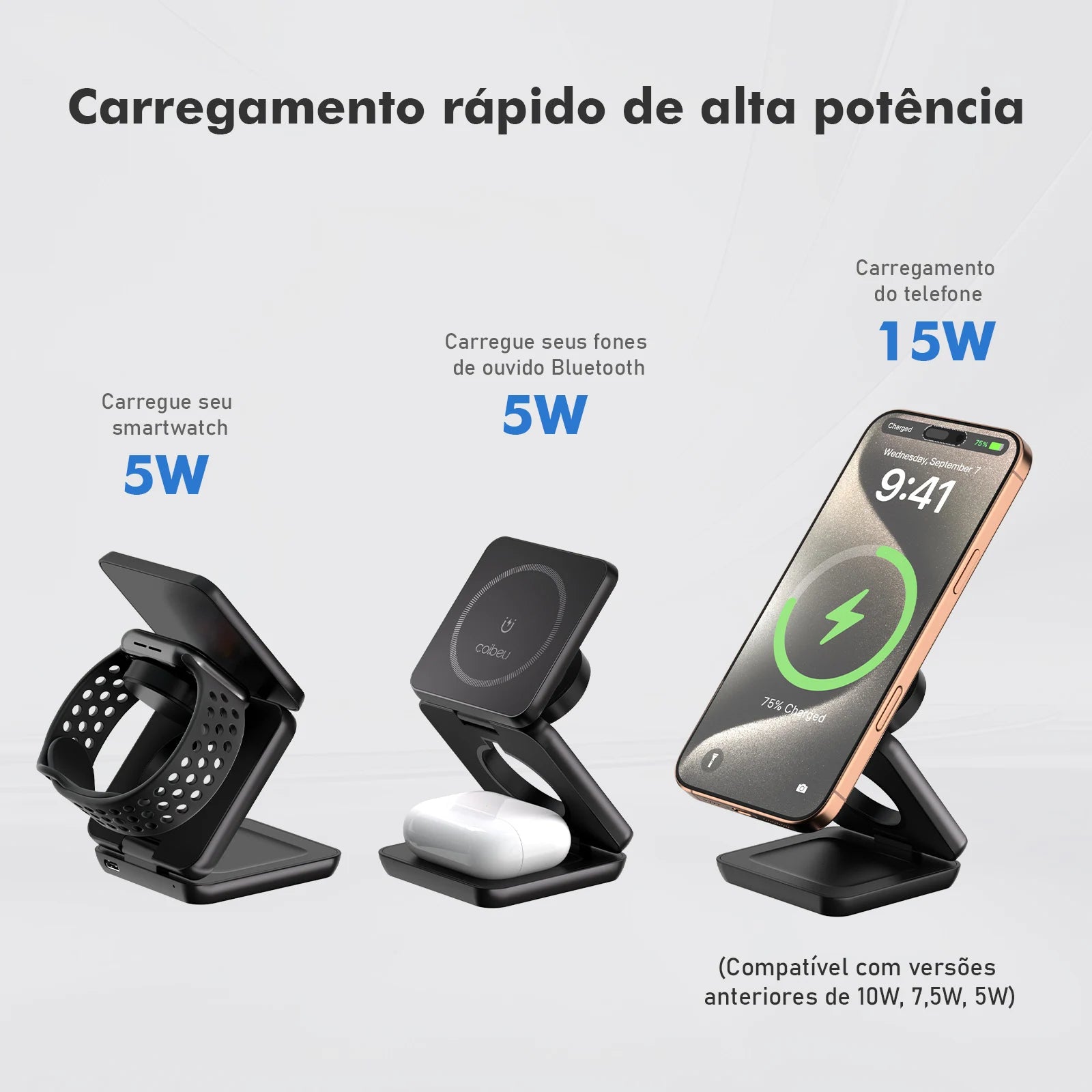 AirBase 3X® – Base de Carregamento Sem Fio 3 em 1 para Celular, Smartwatch e Fones (Qi)
