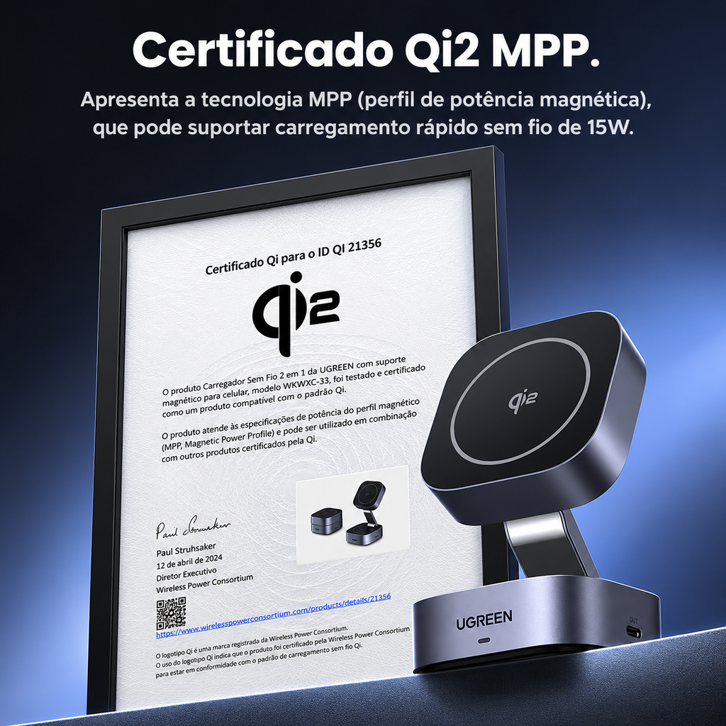 UGREEN Duo Qi2 — Base Magnética para iPhone e AirPods