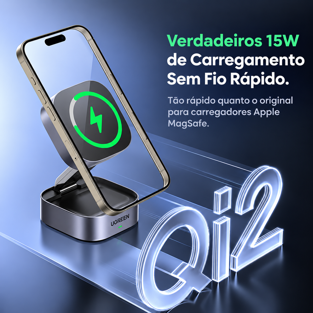 UGREEN Duo Qi2 — Base Magnética para iPhone e AirPods