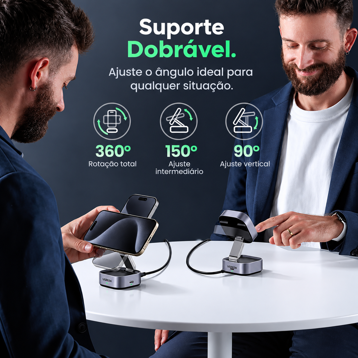 UGREEN Duo Qi2 — Base Magnética para iPhone e AirPods