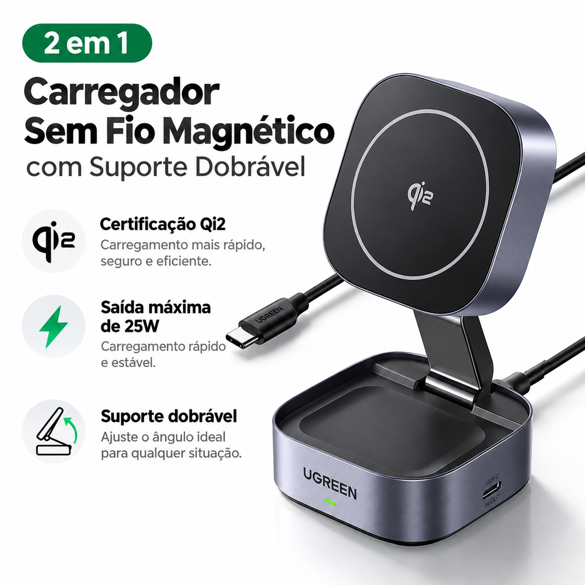 UGREEN Duo Qi2 — Base Magnética para iPhone e AirPods