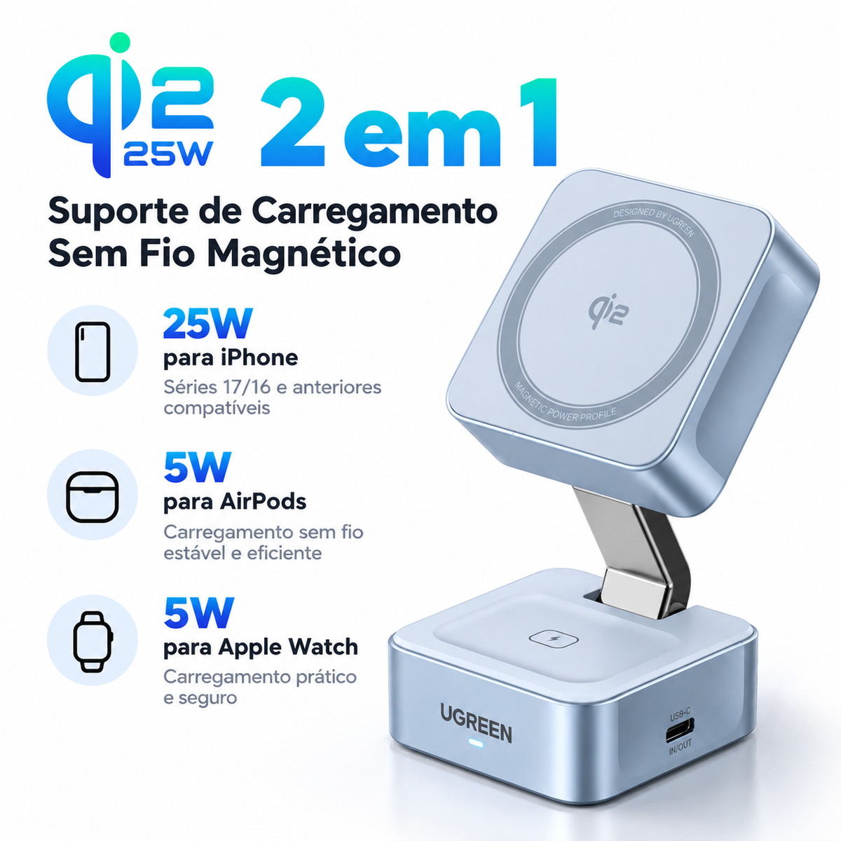 UGREEN Duo Qi2 — Base Magnética para iPhone e AirPods